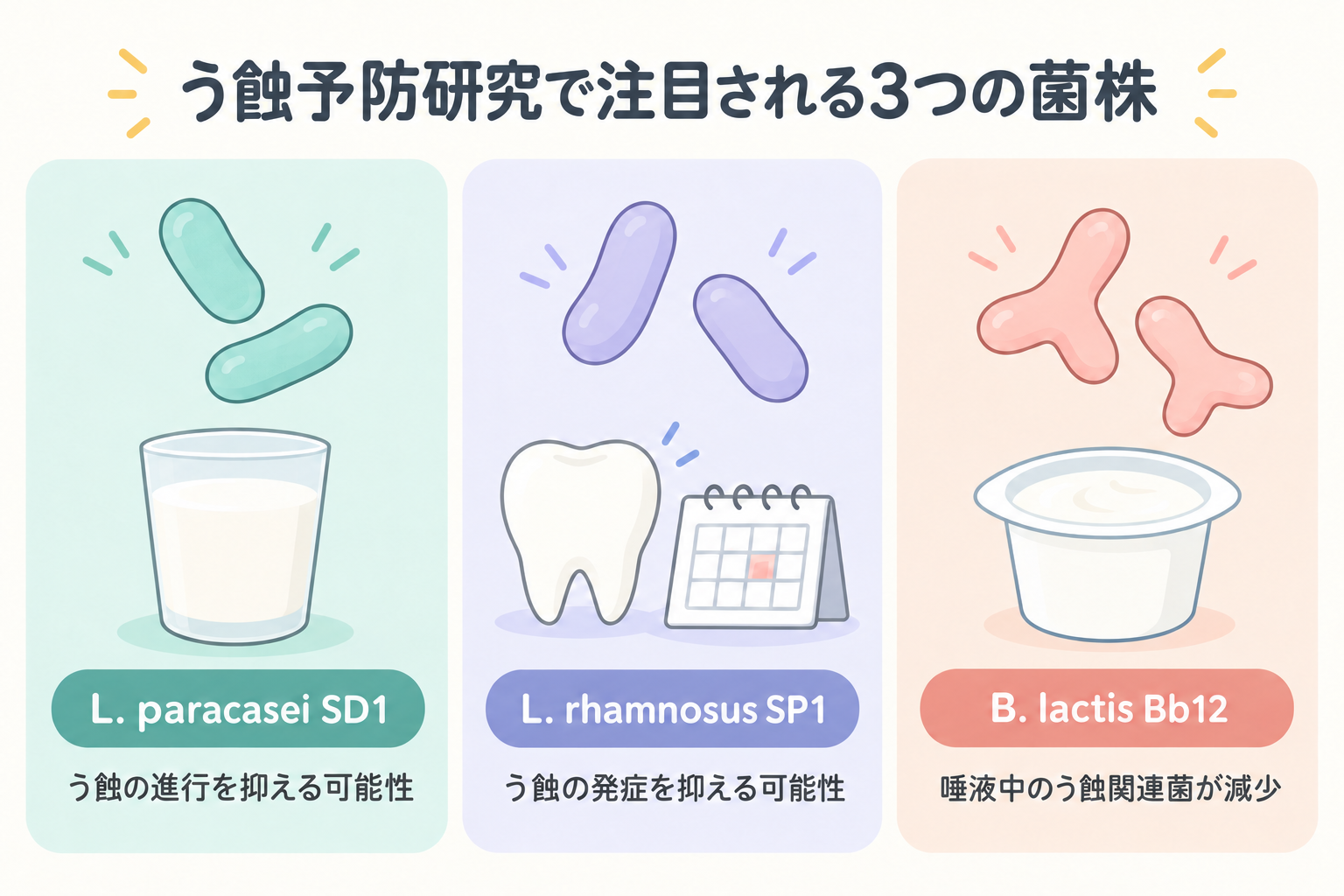 う蝕予防研究で注目されるL. paracasei SD1、L. rhamnosus SP1、B. lactis Bb12と、それぞれで報告された結果
